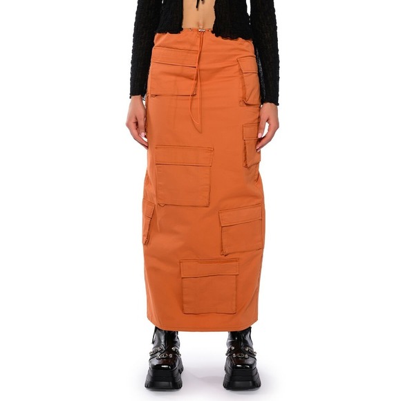 AKIRA Dresses & Skirts - Akira Y3K Utility Chic Guardian Cargo Maxi Skirt S Orange String Elastic Waist